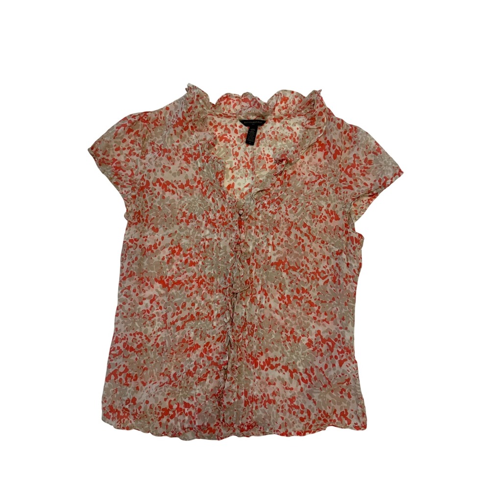 Banana Republic Silk Blend Ruffle V-Neck Blouse Orange Tan Abstract Floral Small